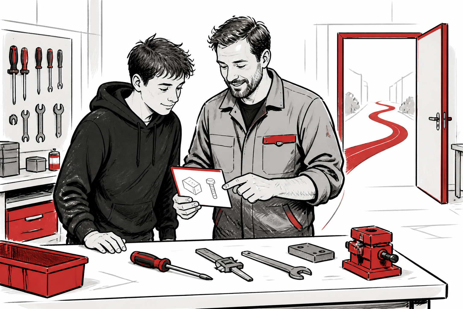 Ausbildung in der Werkstatt: Ein Ausbilder zeigt einem jungen Bewerber eine konkrete Aufgabe.